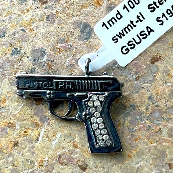 Sterling Silver 925 Genuine Diamond Pistol Charm Pendant